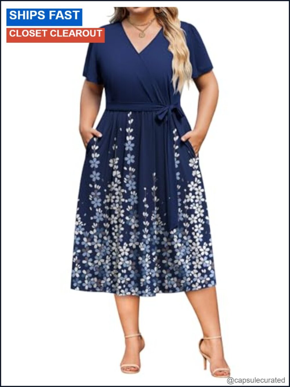 Women's Plus Size Short Sleeve Wrap V-Neck Midi Dress with Pockets
